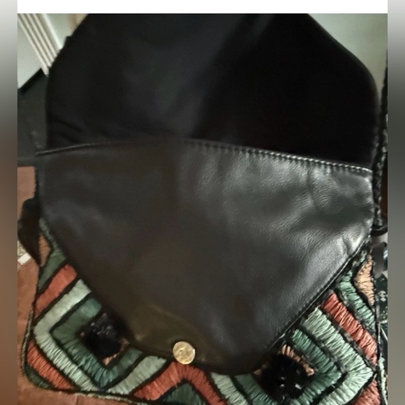 Anthropologie ibBan Handmade Raffia Leather Crossbody Bag Teal Black Tassel - Picture 5 of 16